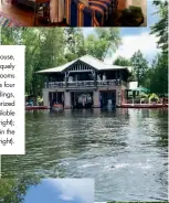  ??  ?? The Boathouse, one of 11 uniquely decorated rooms spread across four original log buildings, has been winterized and is available year-round (right); the writer takes in the scenery (below right).