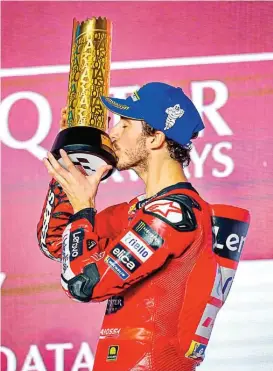  ?? ?? Ducati’s Francesco Bagnaia celebrates after winning the Qatar Grand Prix on Sunday