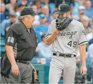  ?? | AP ?? White Sox ace Chris Sale (talking with umpire Joe West) always seems to need fuel for his fire.