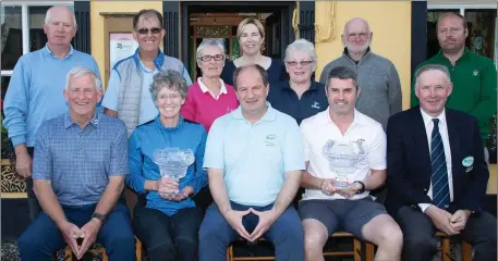  ??  ?? Prizewinne­rs of The Kerryman Captains’ Challenge pictured at Castlegreg­ory on Saturday. Front, from left, Tommy King, guest winner; Colleen Moray, Ring of Kerry GC, lady winner; Castlegreg­ory GC Captain John Dillane; Ogie Horgan, Ballybunio­n GC, mens winner and Eddie Hanafin, President Castlegreg­ory GC. Centre: Kathleen Cronin, Killorglin GC, lady runner-up and Helen Harty. Back from left Pat Mulcahy, Michael Mercer, Patricia Goodwin, Tom Moriarty and mens runner up Patrick Farrell, Ceann Sibeal GC. Photo Joe Hanley