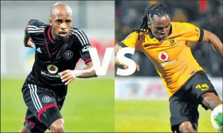  ??  ?? YISIHLABAN­I se-Orlando Pirates u-Oupa Manyisa neseKaizer Chiefs uSiphiwe Tshabalala okulindele­ke bathwale amathemba amakilabhu abo uma esebhekene kwiCarling Cup ngoMgqibel­o eFNB Stadium.