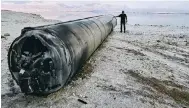  ?? Photo: Reuters ?? The remains of a ballistic missile on the shore of the Dead Sea in the aftermath of Iran’s drone and missile attack on Israel.