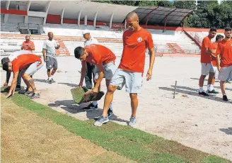  ?? LEO LEOS / @NAUTICOPE – 3/3/2018 ?? Mutirão. Jogadores do Náutico ajudam a plantar grama no estádios dos Aflitos