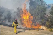  ??  ?? Feuerwehrl­eute kämpfen an 16 Fronten gegen die Brände.
