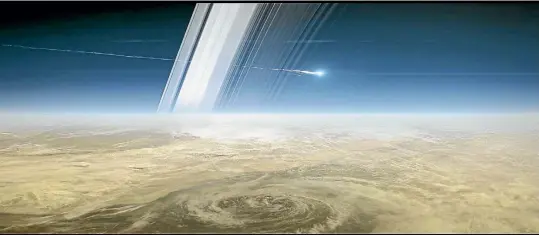  ?? IMAGES: NASA ?? An artist’s rendition of what Cassini’s last moments above Saturn will look like. The space probe will go out in a blaze of glory after 13 years exploring the ringed planet and its moons.