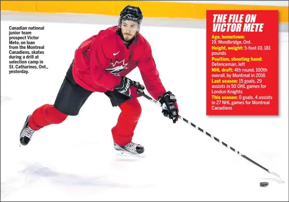  ?? THE CANADIAN PRESS ?? Canadian national junior team prospect Victor Mete, on loan from the Montreal Canadiens, skates during a drill at selection camp in St. Catharines, Ont., yesterday.