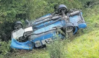  ??  ?? The rally car which flipped 10 feet into the air and rolled 150 metres, seriously injuring Chris Lloyd