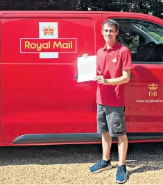  ??  ?? Postman Daniel Edwards with the royal couple’s letter, which was delivered to David Gold, Royal Mail’s Director of Public Affairs & Policy, at his home in Norfolk