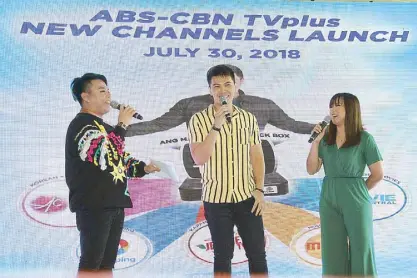  ??  ?? From left: Jeepney TV’s DJ Jhai Ho, Goblin theme cover singer Daryl Ong and MYX VJ Ai talk about the Asianovela Channel during the ABS-CBN TVplus presscon