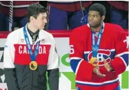  ?? JOHN MAHONEY/ THE GAZETTE ?? Canadiens goalie Carey Price, left, were part of Canada’s gold in Sochi, where it’s believed Price aggravated an injury.