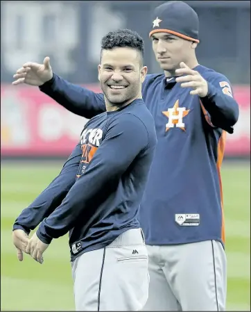  ?? AP ?? Houston Astros’ Jose Altuve and Alex Bregman warm up during a practice session at Yankee Stadium for Game 3 of the American League Championsh­ip Series yesterday.