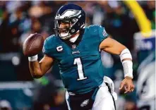  ?? Matt Rourke/Associated Press ?? While Eagles QB Jalen Hurts isn’t at the level of two-time MVP Patrick Mahomes of the Chiefs, he is a legitimate threat.