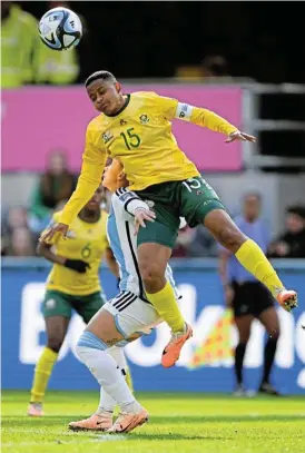  ?? /Joe Allison/Getty Images ?? Aerial contest: Paulina Gramaglia of Argentina and Refiloe Jane of SA compete for the ball during the Fifa Women's World Cup at the Dunedin Stadium on July 28 2023.