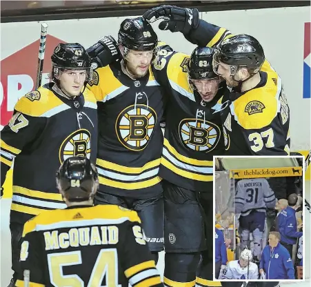  ?? STAFF PHOTOS BY STUART CAHILL ?? ROLLING ALONG: The Bruins had Toronto starter Frederik Andersen out 12 minutes into the first period (inset). By night’s end, David Pastrnak (center) had a hat trick and the B’s were off to Ontario with a 2-0 lead.
