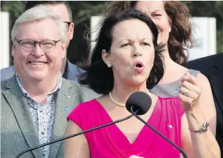  ?? JACQUES BOISSINOT/THE CANADIAN PRESS ?? Liberal Leader Philippe Couillard said Friday that Gertrude Bourdon, above, would inherit the health minister role from Gaétan Barrette, left.