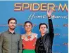  ?? [AP PHOTO] ?? Actors Tom Holland, right, Zendaya center, and Director Jon Watts pose for the media during a photocall Sunday to promote the film “Spider-Man: Home coming” in Barcelona, Spain.