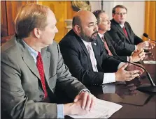  ?? [JOSHUA A. BICKEL/DISPATCH] ?? Appearing at Thursday’s Statehouse news conference on the budget were, from left, Timothy Keen, director of the Office of Budget and Management; House Speaker Cliff Rosenberge­r; Gov. John Kasich; and Senate President Larry Obhof.