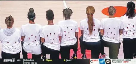  ?? ESPN2/Associated Press ?? WASHINGTON MYSTICS players wore T-shirts spelling out the name of Jacob Blake on the front with seven holes cut out of the backs.