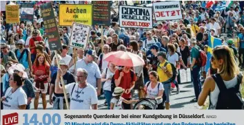  ?? IMAGO ?? Sogenannte Querdenker bei einer Kundgebung in Düsseldorf.
20 Minuten wird die Demo-Aktivitäte­n rund um den Bodensee live begleiten.