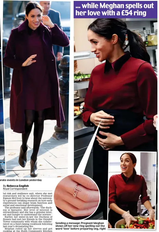  ??  ?? Sending a message: Pregnant Meghan shows off her new ring spelling out the word ‘love’ before preparing veg, right