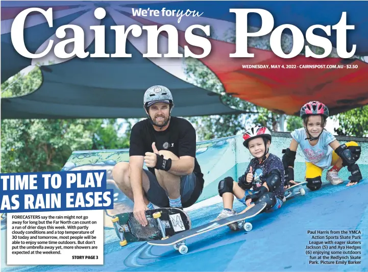  ?? ?? Paul Harris from the YMCA Action Sports Skate Park League with eager skaters Jackson (5) and Aya Hedges (6) enjoying some outdoors fun at the Redlynch Skate Park. Picture Emily Barker