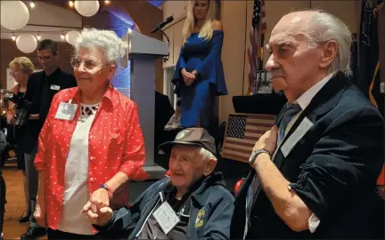  ?? BARRY TAGLIEBER - FOR MEDIANEWS GROUP ?? Mae Krier, one of the original Rosie the Riveter, and Holocaust survivors David Wisnia and David Tuck smile for family and friends as they were honored at the Freedoms Foundation Valley Forge Chapter 2020 Local Heroes Gala.