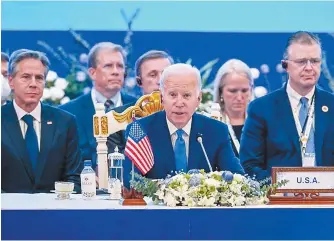  ?? UPI-Yonhap ?? U.S. President Joe Biden speaks during the ASEAN-U.S. summit in Phnom Penh, Cambodia, Saturday.