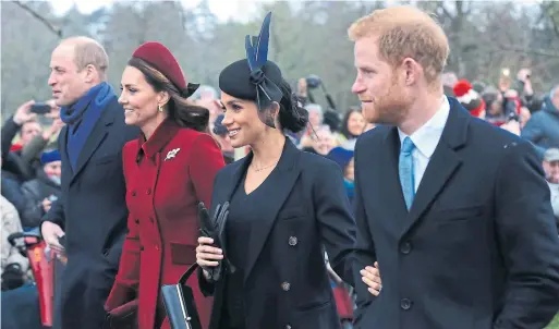  ?? STEPHEN POND GETTY IMAGES ?? From left, Prince William, Catherine, Meghan and Prince Harry leave the Christmas Day service at the Church of St. Mary Magdalene at Sandringha­m.