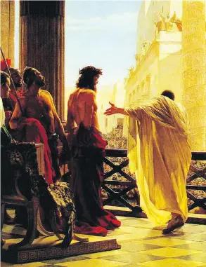  ??  ?? Pontius Pilate presents a scourged Christ to the people in Antonio Ciseri’s 1871 oil on canvas painting Ecce Homo.