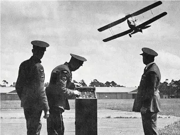  ??  ?? Here, the de Havilland DH.82B Queen Bee is seen in flight, remotely piloted by the air crew in the foreground. Developed as a target drone for sailors in the Royal Navy to practice antiaircra­ft gunnery, the Queen Bee is recognized as the mother of all uncrewed aircraft systems.