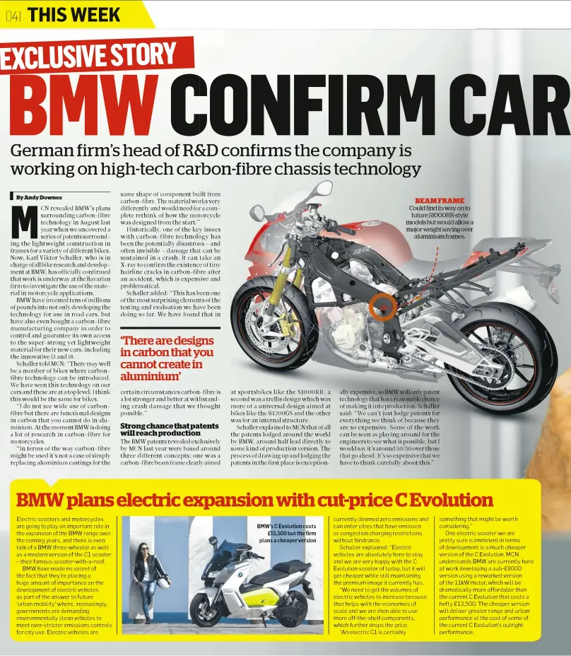  ??  ?? BMW’s C Evolution costs £13,500 but the firm plans a cheaper version
BEAMFRAME
Could find its way on to future S1000RR-style modelsbutw­ouldallowa major weight saving over aluminium frames.