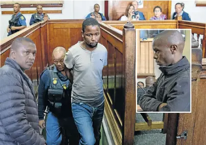  ?? Pictures : Gallo Images / Netwerk24 / Jaco Marais ?? Murder suspects Vuyile Maliti, left, Sizwe Biyela, entering court above, and Nkosinathi Khumalo, inset, during their bail hearing this week.