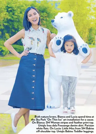  ??  ?? Both nature lovers, Bianca and Lucia spend time at the Sky Park “On Thin Ice” art installati­on for a cause. On Bianca: SM Woman stripes and feather print top. Uniqlo Ines dela Fressange denim skirt. Parisian white flats. On Lucia: Little Miss from SM...