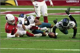  ?? RICK SCUTERI - THE ASSOCIATED PRESS ?? Eagles cornerback Nickell Robey-Coleman, right, jumps on a fumble Arizona Cardinals quarterbac­k Kyler Murray, left. Murray fumbled three times but Arizona still won, 33-26.