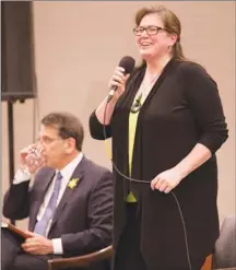  ?? Herald file photo ?? Green party candidate Connie Sahlmark speaks at the Penticton Herald’s all-candidates forum in April 2017.