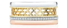  ??  ?? Birks Iconic Dare to Dream tri-gold stackable ring