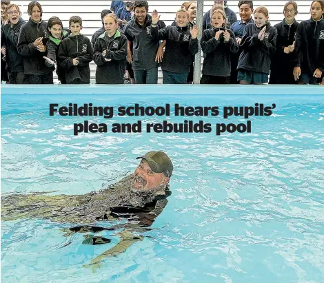  ?? WARWICK SMITH/STUFF ?? Caretaker Craig Ellen takes an impromptu plunge into the pool at the opening ceremony.