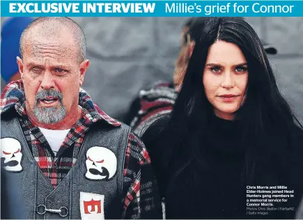  ?? Photos: Chris Skelton / FairfaxNZ / Getty Images ?? Chris Morris and Millie Elder-Holmes joined Head Hunters gang members in a memorial service for Connor Morris.