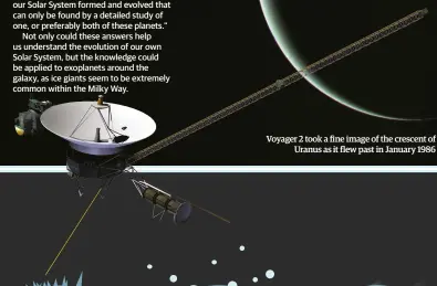  ??  ?? Voyager 2 took a fine image of the crescent ofUranus as it flew past in January 1986