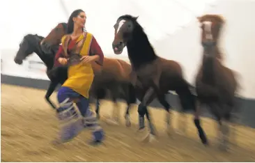  ??  ?? Performer Virginie Loiselle-Blondin warms up with some of the four-footed performers. Many of the horses have gone through four to five years of training, Cavalia founder Normand Latourelle said, and most of the human performers have trained for two...