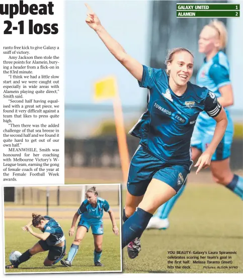  ?? Picturea: ALISON WYND ?? YOU BEAUTY: Galaxy’s Laura Spiranovic celebrates scoring her team’s goal in the first half. Melissa Taranto (inset) hits the deck.