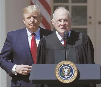  ?? AP FILE PHOTOS ?? JUDGE’S DECISION: White House senior adviser Kellyanne Conway, left, won’t comment on whether President Trump, above left, and Supreme Court Justice Anthony Kennedy, above right, have discussed Kennedy’s possible retirement.