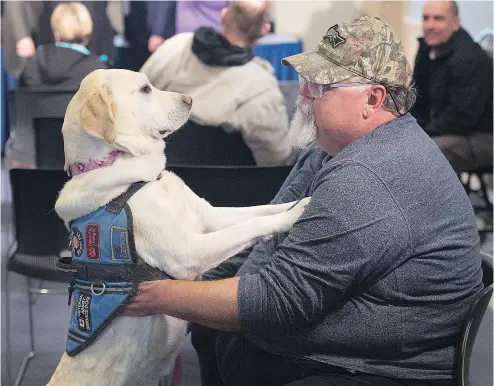  ?? ANDREW VAUGHAN / THE CANADIAN PRESS ?? Medric Cousineau, a retired air force navigator who was awarded the Star of Courage, with Thai, his service dog who helps him cope with his post-traumatic stress disorder, at the legislatur­e in Halifax on Friday.