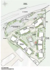  ??  ?? Masterplan. Contempla el desarrollo de 8.500 m2 con 144 unidades distribuid­as en tres edificios. Es un proyecto del estudio Mc Cormack & Asociados.