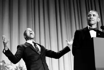  ?? Yuri Gripas/Getty Images ?? President Barack Obama speaks Saturday while, behind him, comedian Keegan-Michael Key plays “Luther, Obama's anger translator” at the White House Correspond­ents’ Associatio­n Dinner in Washington, D.C.