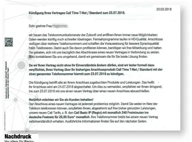  ??  ?? Vor allem für Wenignutze­r kommt die präventive Kündigung der Telekom oft überrasche­nd. Doch keine Sorge: Der Umstieg auf einen IP-Anschluss läuft in der Regel unproblema­tisch, seine Rufnummern kann der Kunde auf jeden Fall behalten.
Nachdruck