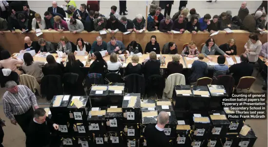  ??  ?? Counting of general election ballot papers for Tipperary at Presentati­on Secondary School in Thurles last year. Photo: Frank McGrath