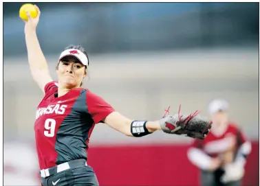  ?? NWA Democrat-Gazette/ANDY SHUPE ?? Arkansas starter Autumn Storms delivers a pitch against Southeast Missouri on Thursday during the fourth inning at Bogle Park on the university campus in Fayettevil­le.