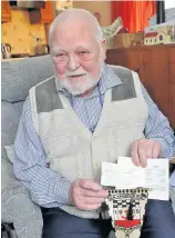  ??  ?? Golden memories Jimmy Newell with his EK Thistle pennant, his membership book from 1968 and a ticket from one of Thistle’s first ever games