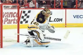  ?? JAMES GUILLORY/USA TODAY SPORTS ?? Bruins sixth-year goaltender Tuukka Rask has a 1.84 goals-against average and .942 save percentage in this year’s playoffs.